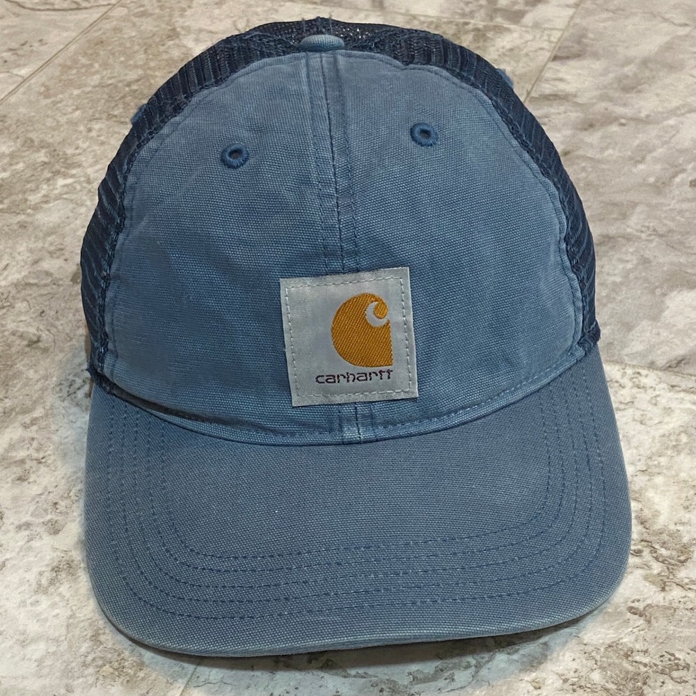Carhartt Mens Blue Canvas Mesh Back Trucker Hat Adjustable Snapback Logo Cap